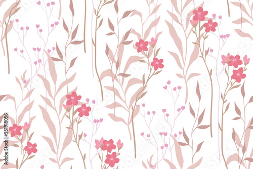 Seamless floral pattern with delicate botanical arrangement on a white background. Romantic flower design with hand drawn wild plants: small flowers, leaves on branches, herbs. Vector illustration.