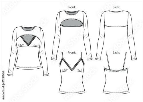 Vector 2 pieces set fashion CAD, long sleeved woman crop bolero and tank top with lace trim technical drawing, sketch, template, flat. Jersey or woven fabric blouse with front, back view, white color