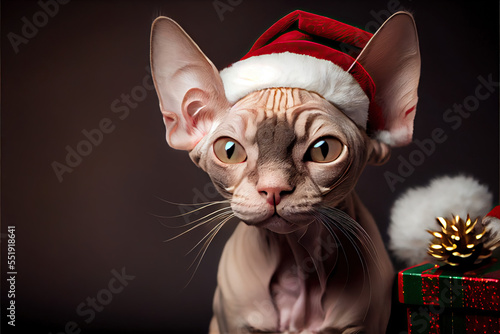 sphynx cat in santa claus hat