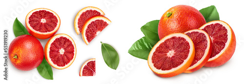 Blood red oranges isolated on white background . Top view. Flat lay