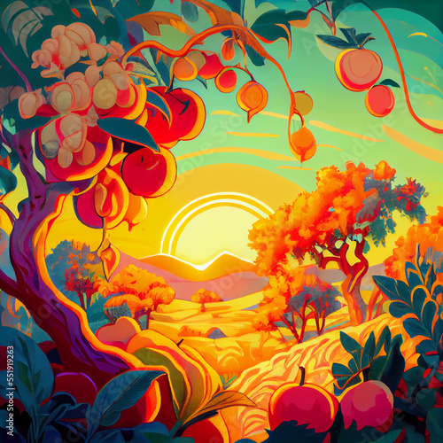 Lush Fruit growing in an orchard during golden hour