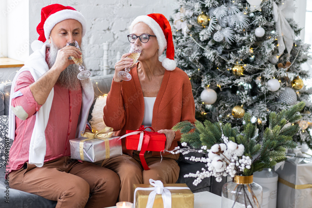 Fototapeta premium Happy loving senior couple having fun on New Year party near Christmas tree. Mature man and woman smiling, drinking champaign, exchanging gifts. Concept of active life and leisure of pensioner