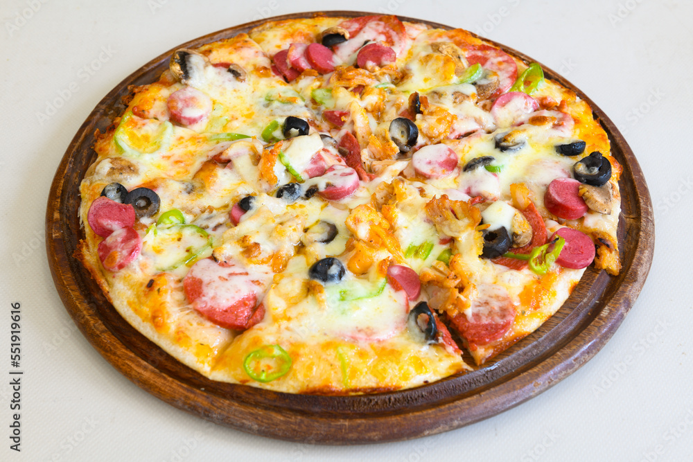 Delicious mixed pizza with rich content. Menu concept of choice and diversity. Karisik pizza