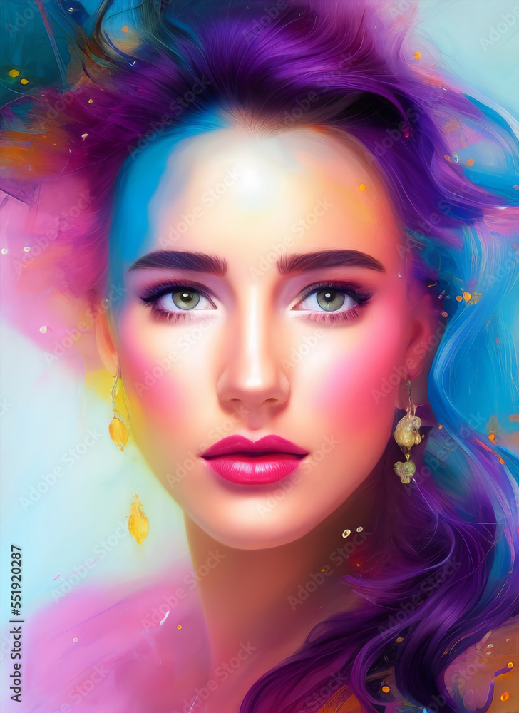 Colorful painting of a beautiful woman's face, Portrait of a beautiful woman, Abstract Illustration of a beautiful girl