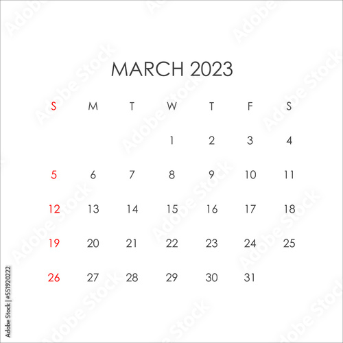 Calendar for March 2023 in a minimalistic style. Vector