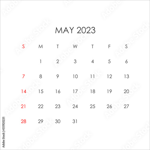 May 2023 calendar in minimalist style. Vector EPS10