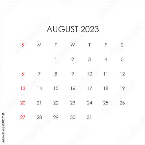 Calendar for august 2023 in a minimalist style. Vector