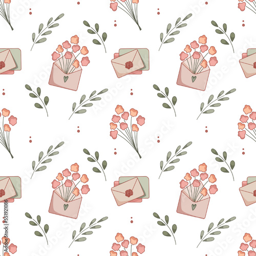 Cute and romantic seamless pattern with envelopes and flowers. Vector illustration