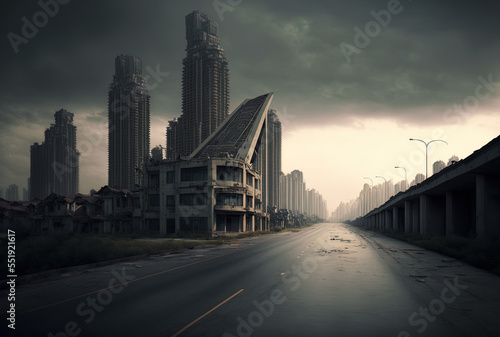 asphalt road in a Chinese contemporary metropolis is deserted. Generative AI