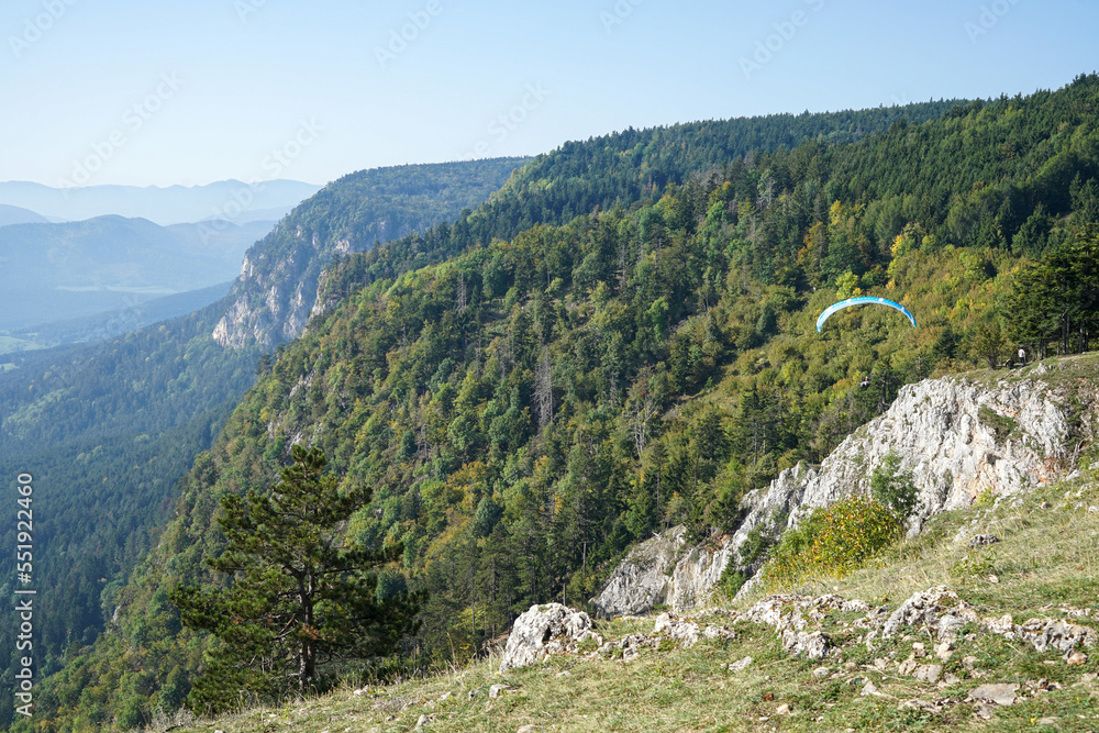 Beautiful day for Paragliding in the Austrian mountains. Hohe Wand, lower Austria, Austria