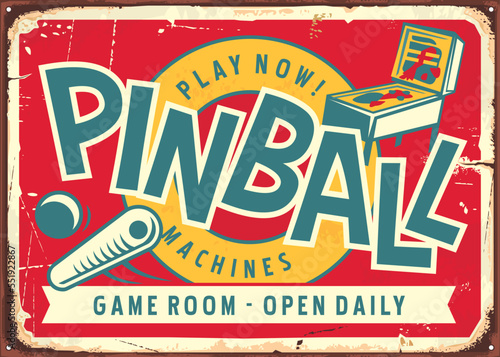 Pinball machines retro sign design. Game room vector poster illustration with pinball flipper on colorful metal background. Hobbies and leisure theme. photo