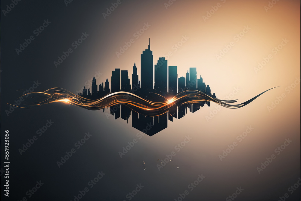 ai generated cityscape logo with golden waves, copy space