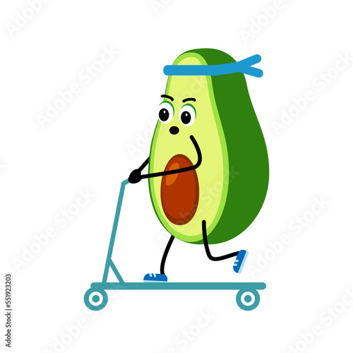 Cartoon avocado scooter sports. Vector illustration on white
