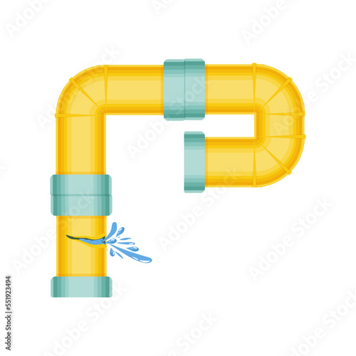 Broken pipes with a leak of steam or lead gas, rupture of the pipeline. Dripping faucet, problems with water supply, broken pipes. Wind illustration isolated on white background.