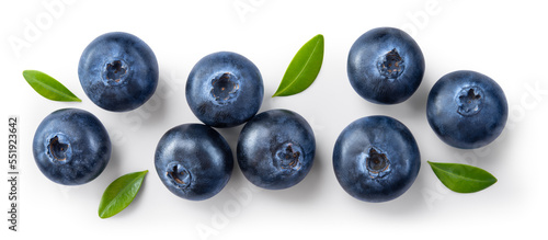 Blueberry isolated. Blueberries top view. Blueberry with leaves flat lay on white background with clipping path.