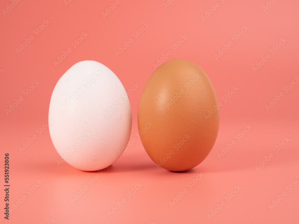 Chicken eggs on a pink background. White and brown egg on a pink background. Chicken eggs on a pink background. White and brown egg on a pink background.