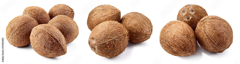 Coconut isolated. Whole coconuts on white background. Coconut set. Coco nut collection. Full depth of field. Coconut isolated. Whole coconuts on white background. Coconut set. Coco nut collection. Full depth of field.