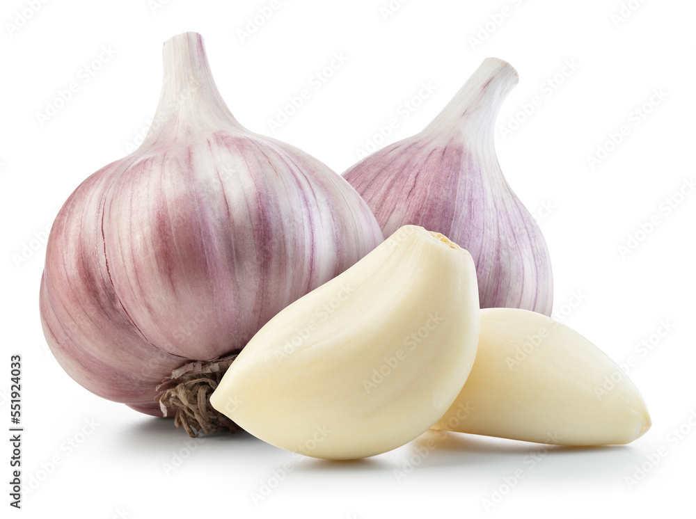 Garlic bulb and clove isolated. Garlic bulbs with cloves on white