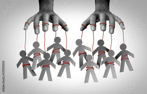 Gaslighting people and social Manipulator concept as a puppet master influencing a society on strings controlled by someone that manipulates and wants to gaslight for exploitation or domination as psy