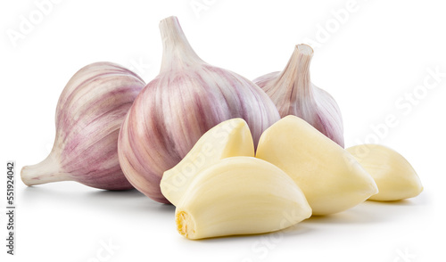 Garlic bulb and clove isolated. Garlic bulbs with cloves on white background. Garlic bulb composition. With clipping path. Full depth of field. photo