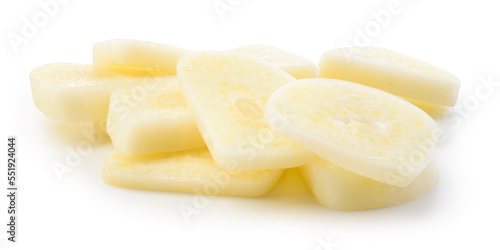 Peeled chopped garlic cloves on white background. Garlic clove isolated. White garlic cloves slice with clipping path. Full depth of field.