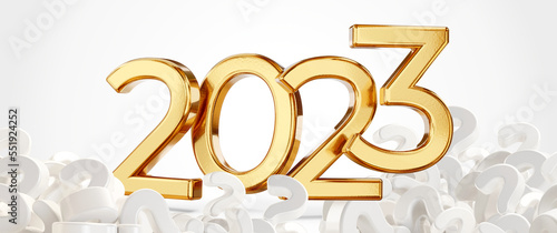 year 2023 golden symbol with a pile of question marks, 3d-illustration
