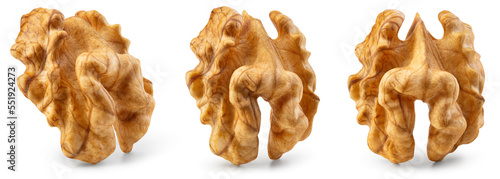 Walnut kernel isolated. Walnut half on white background. Set of peeled broken walnut kernel. Collection with clipping path. Full depth of field.