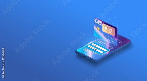 Buy by card, online payment app for smartphone and bank cards mockup vector illustration set Online in-app purchases, digital marketing, a credit card a box on the smartphone screen.	