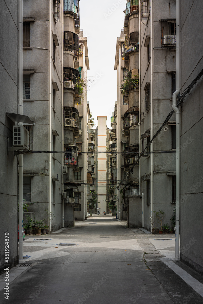 China abandoned isolated street district. Quarantine pandemic COVID-19 Guangzhou China architecture.