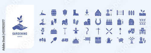 Gardening and agriculture icon set with including icons like Farmer, Greenhouse, Plant, Pesticides and more. Farming vector illustrations