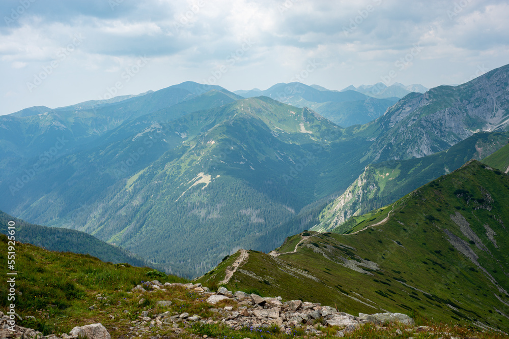 Fototapeta premium Beautiful view of the Tatra Mountains landscape. View of the mountains from the top. High mountain landscape.