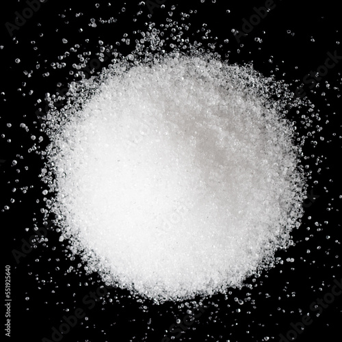 Food quality citric acid E330 isolated on black background