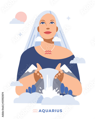 Aquarius zodiac sign. Horoscope. Illustration of Aquarius astrological sign of beautiful girl with waterfall, mountains and clouds. Water bearer. Vector art. Mystical. Air sign.