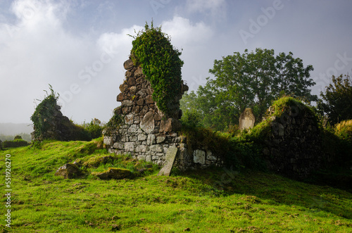 Canvas Print Overgrown ruins with walls and gravestones in old cemetery in Ireland