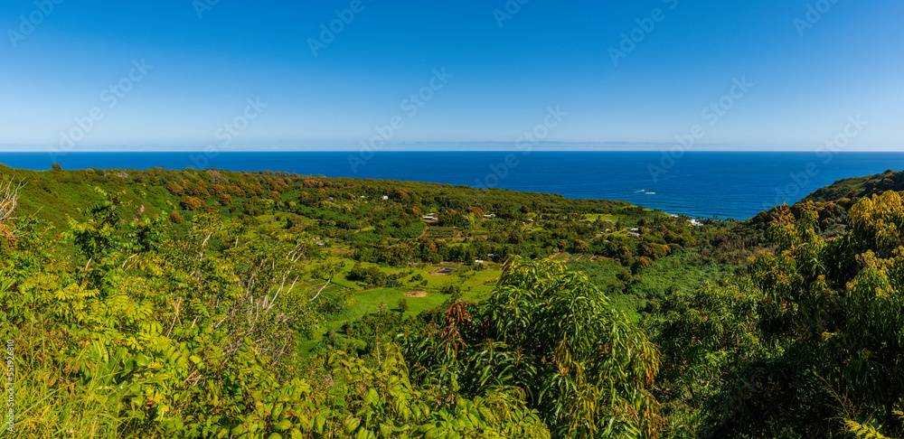 Panoramic view of the Keanae Peninsula from overlook on Road to Hana