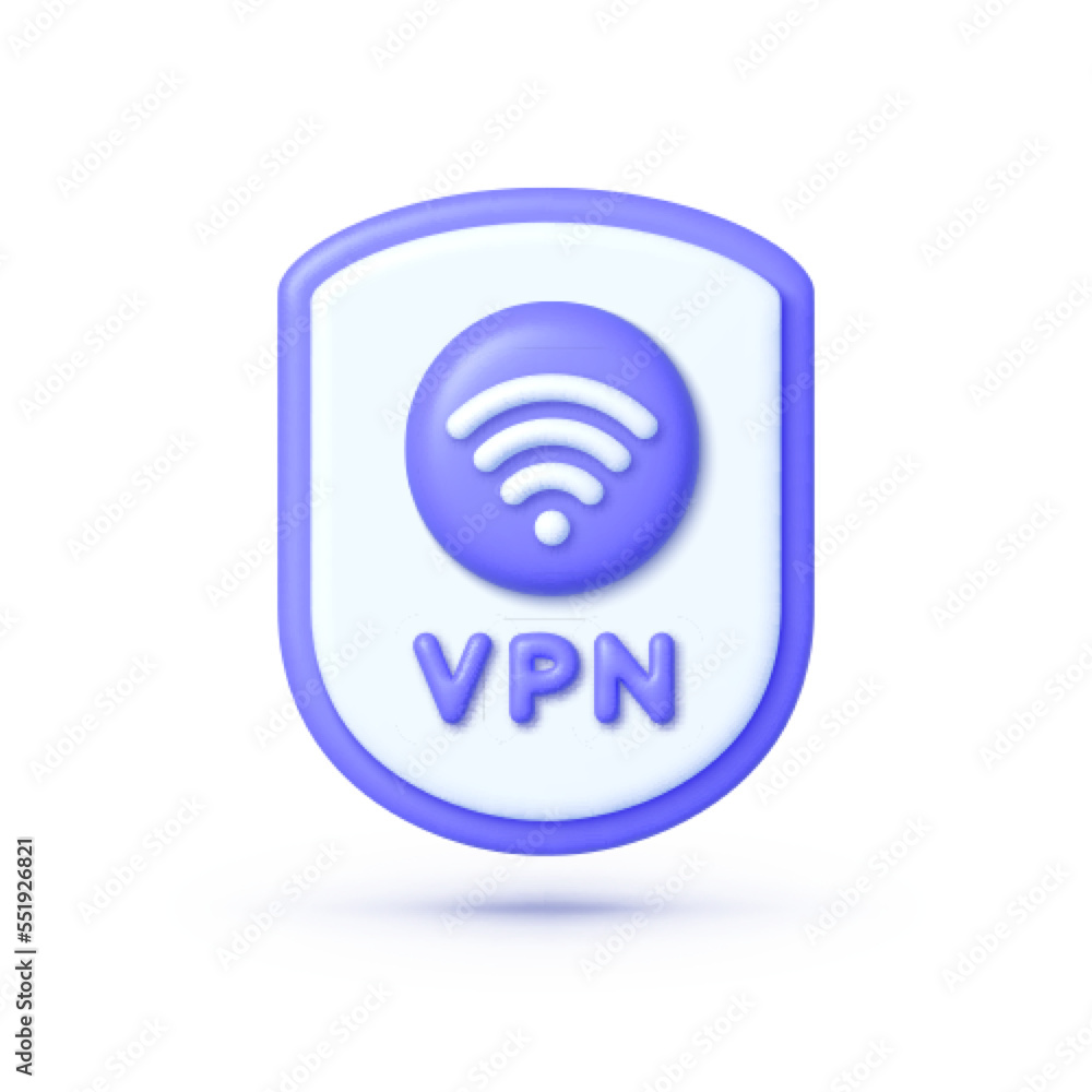 VPN icon in 3d style. Vpn Shield and lock with vpn icon. Safe for wifi and server. Wifi internet signal symbols in the security shield isolated on white background. Vector illustration VPN icon in 3d style. Vpn Shield and lock with vpn icon. Safe for wifi and server. Wifi internet signal symbols in the security shield isolated on white background. Vector illustration