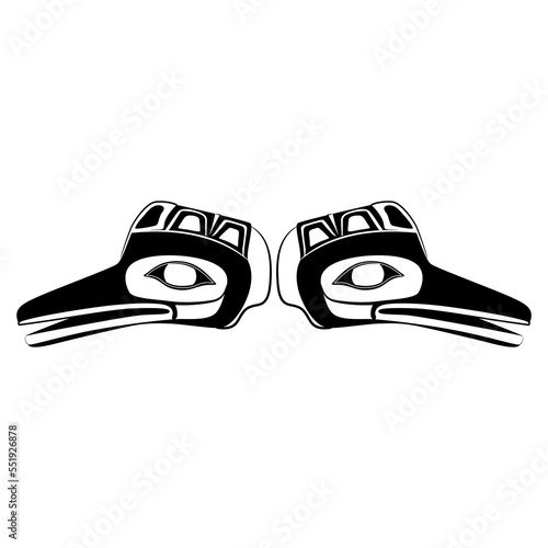 Symmetrical design with two totem raven heads. Ethnic bird mask. Native American animal design of Tlingit Indians. Black and white silhouette.