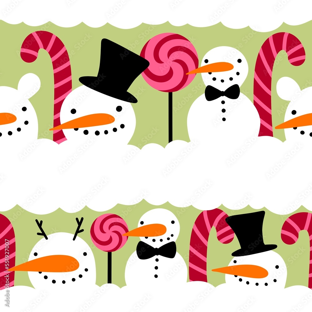 Fototapeta premium Winter seamless snowman and snowflakes pattern for Christmas wrapping paper and kids notebooks