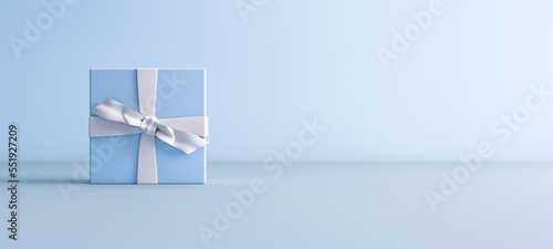 Mock-up poster, baby blue gift box with white bow on light blue background, 3D Render, 3D Illustration.