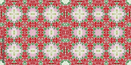 Seamless Christmas poinsettia retro border. Decorative ornament in seasonal red for December holiday washi tape. Winter botanical vintage scandi repeat ribbon. 