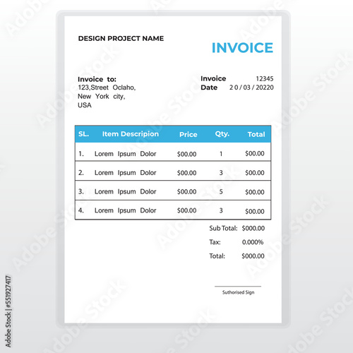 Business Minimal Corporate Invoice design template vector illustration bill form price . Creative template and stationery design payment agreement design template Cash Memo, Vector Quotation Design