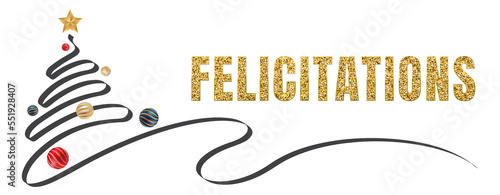 felicitations in Happy New Year banner template with copy space. light bulbs and stars. Winter Holiday card concept. Christmas Tree With Baubles. photo