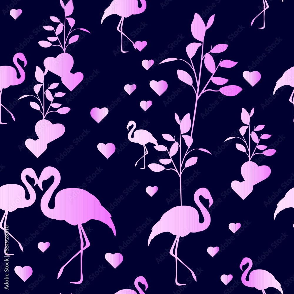 Tropical seamless pattern. Print with flamingo, leaves and hearts. Pink color. Wrapping template, bedding, textiles and wallpapers. Tropical seamless pattern. Print with flamingo, leaves and hearts. Pink color. Wrapping template, bedding, textiles and wallpapers.
