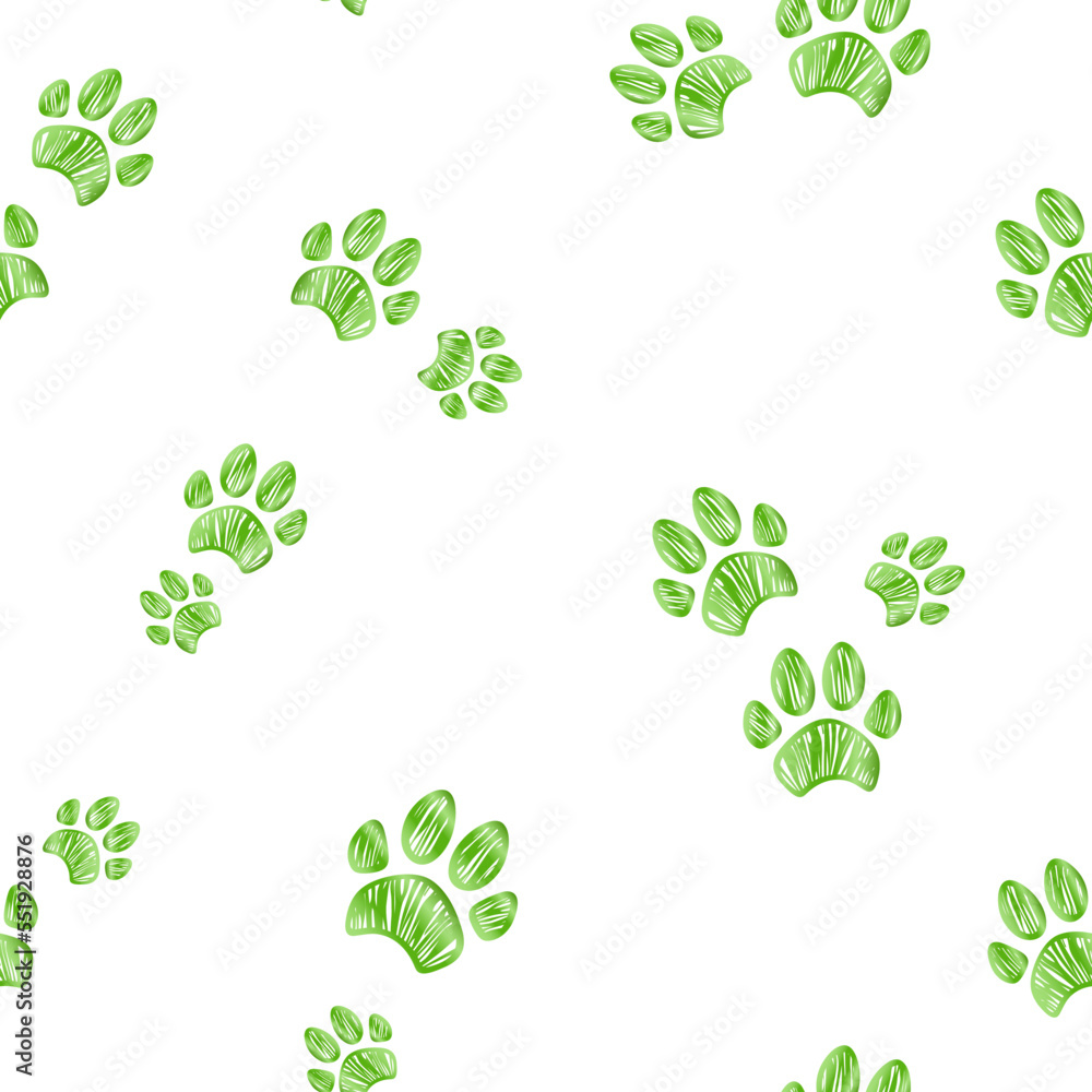 Seamless pattern with hand drawn paws. Dog footprint vector illustration. Packaging template, graphic design, printing, textiles, bedding and wallpaper.