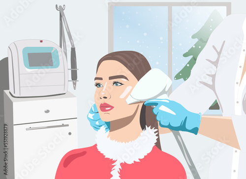Illustration. Epilation hair removal procedure on a woman’s face. Beautician doing laser rejuvenation in a beauty salon. Removing unwanted body hair. 