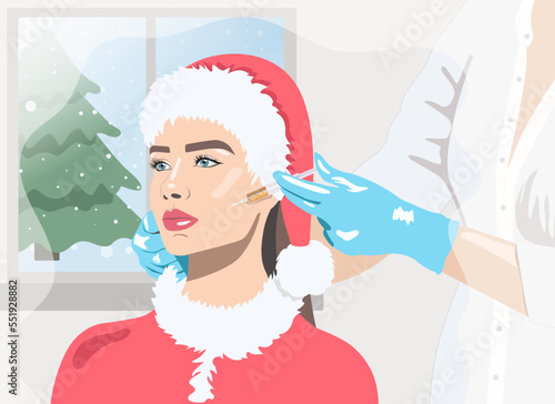 Illustration. Cosmetologist does prp therapy on the face of a beautiful woman in a Santa Claus hat.New Years and Cosmetology concept.vector image