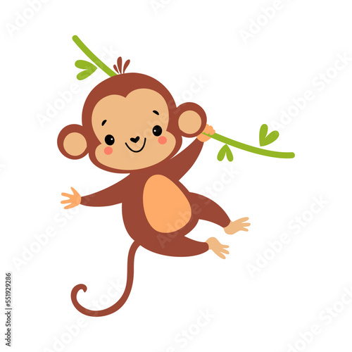 Cute Playful Monkey with Long Tail Hanging on Liana Vector Illustration