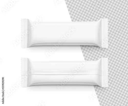 Realistic flow pack mockup. Front and back side. Vector illustration isolated on white background. Can be use for your design, promo, adv and etc. EPS10.	