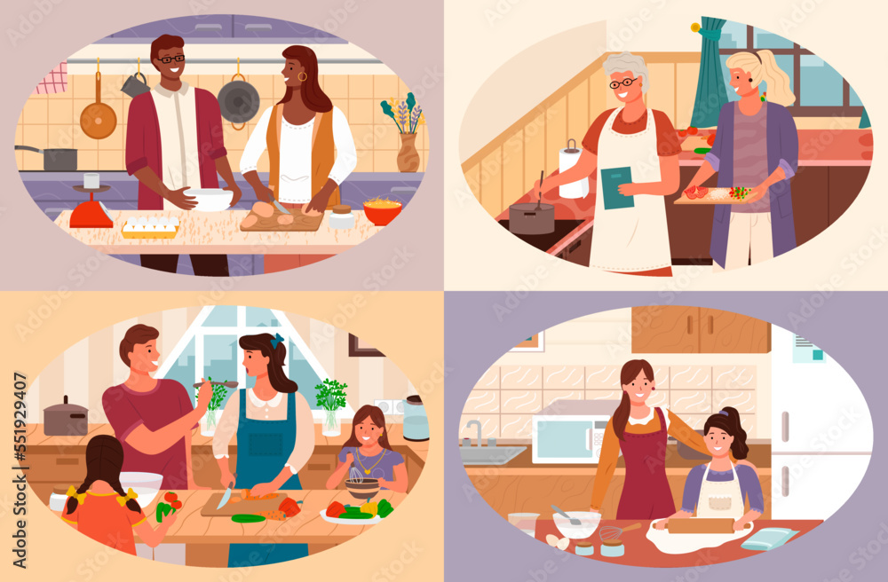 Set of people preparing dishes, collection of characters cooking in kitchen. Couple baking, family with kids making food for special occasion. Granny and granddaughter helping senior lady vector Set of people preparing dishes, collection of characters cooking in kitchen. Couple baking, family with kids making food for special occasion. Granny and granddaughter helping senior lady vector