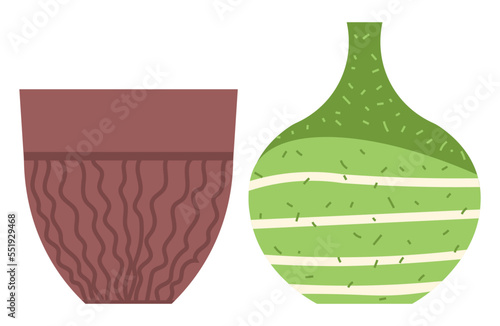 Set of striped vase isolated on white. Crockery decorative jar with waves ornament, color pot in flat style design, ceramic flowerpot. Handmade items from clay. Vase for flowers. Vector illustration